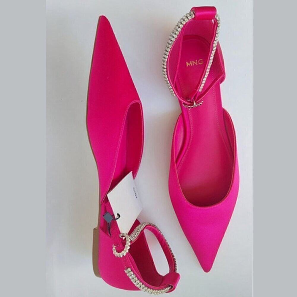 MANGO Fuchsia Satin Rhinestone Pointed Toe Flats NWT Barbiecore Shoes - Picture 10 of 16
